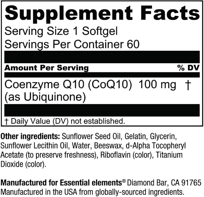 Essential Elements CoQ10 100mg Softgels for Heart, Brain, and Vascular Support - Comprehensive Coenzyme Q10 Supplement Formulated for Optimal Absorption - 60 Count, 2 Month Supply
