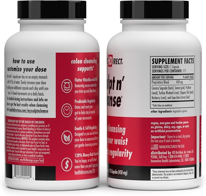 HEALTH DIRECT Sculpt n' Cleanse - Herbal Colon Cleanse for Digestive Health & Regularity - Natural Detox & Gut Flush Supplement - Weight Management Support - 175 Veggie Capsules