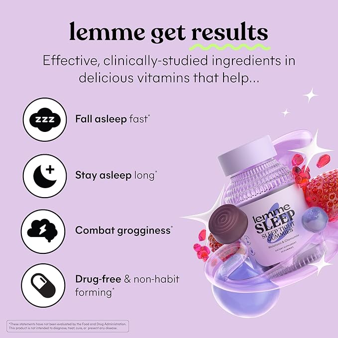 Lemme Sleep Gummies with 5mg Melatonin, Elderberry, Magnesium, L-Theanine, Chamomile and Lavender, Drug-Free Nighttime Sleep Aid, Gluten Free, Gelatin Free, Non GMO, Berry Flavored (60 Count)