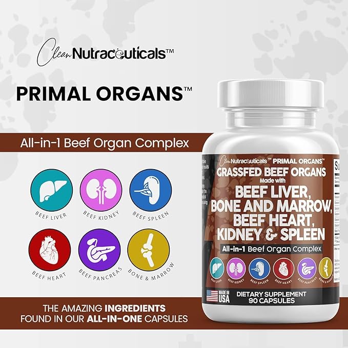 Clean Nutraceuticals Grass Fed Beef Liver Capsules - Premium Quality Supplement Packed with Desiccated, Beef Heart, Beef Spleen, Beef Pancreas Plus Bone & Marrow Dao Enzyme Pills