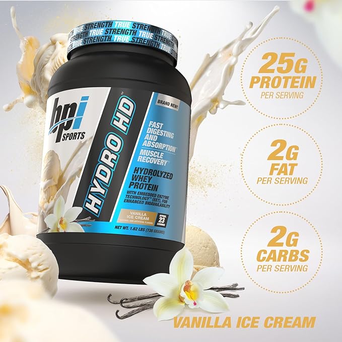 BPI Sports Hydro HD - 100% Hydrolyzed Whey Protein Powder - Muscle Growth, Recovery, 25g of Protein, Low Carb, Low Sugar, Fast Absorbing (68 Servings, Vanilla Ice Cream)