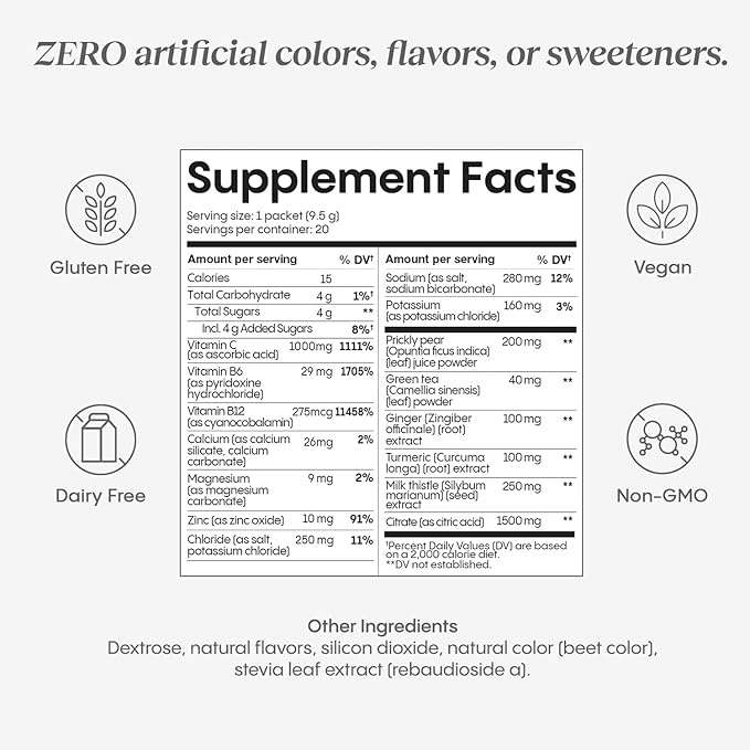 Hydralyte Liver Support + Electrolyte Mix with Milk Thistle, Turmeric, Ginger, Prickly Pear, Green Tea Extract Formulated for Rapid Rehydration (Peach Passion Ginger, 20 Packets)