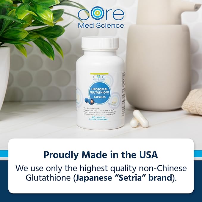 Core Med Science Liposomal Glutathione Supplement (500mg, 60 Capsules) - Pure Reduced Setria with Phospholipid Complex - Antioxidant Supplement for Energy, Brain Health, Skin & Liver Health