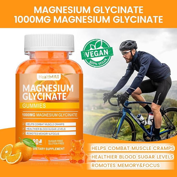 Magnesium Glycinate Gummies 1000mg, High Absorption Sugar Free Magnesium Potassium Supplement for Relaxation, Stress Relief, and Sleep Support for Adults & Kids - 90 Orange Gummies