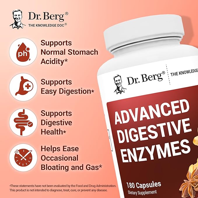 Dr. Berg Advanced Digestive Enzymes with Apple Cider Vinegar - Includes Digestive Health Ingredients Like Betaine Hydrochloride (HCI), Ginger Root & Peppermint Leaf - 180 Capsules