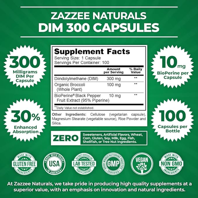 Zazzee Extra Strength DIM 300, 10 mg BioPerine and 300 mg DIM per Capsule, 100 Vegan Capsules, 3+ Month Supply, Plus Pure Organic Broccoli Extract, 100% Vegetarian, All-Natural and Non-GMO