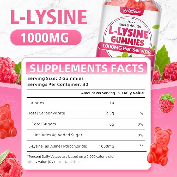 softbear L-Lysine Gummies for Adults & Kids, L Lysine 1000mg Chewable Lysine Supplement for Lips & Oral Health, Immune & Collagen Support, Vegan, Non GMO, Gluten-Free, Raspberry Flavor 60 Count