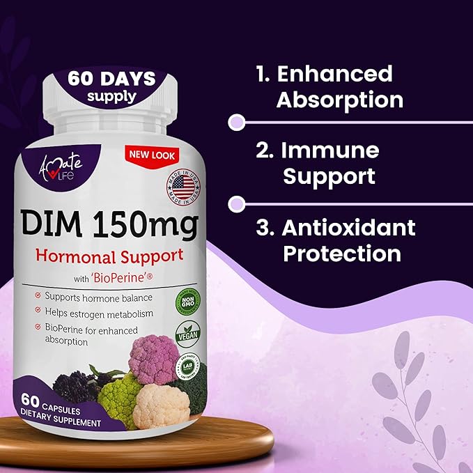 Women’s DIM Complex 150mg - Bioperine Estrogen Balancing Pills for Menopause & Hot Flashes Relief Support Hormonal Acne Powerful Supplement - 60 Capsules - Made in USA