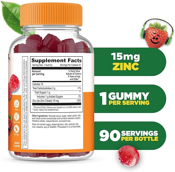 Lifeable Zinc Gummies for Kids |15mg | Great Tasting Kids Zinc Supplements | GMO Free Vegetarian Zinc Vitamins | for Healthy Skin and Immune Support for Kids and Children | 90 Gummies
