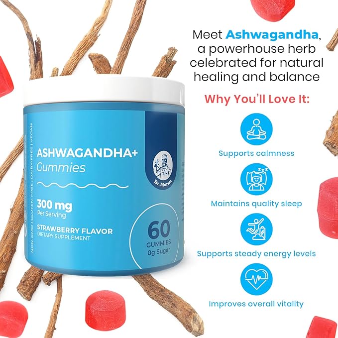 DR. MORITZ Ashwagandha Gummies for Calm, Relaxation, and Immune Support - Ashwagandha for Women and Men - with L-Theanine - Sugar Free and Non-GMO (2 Pack, 120 Count)