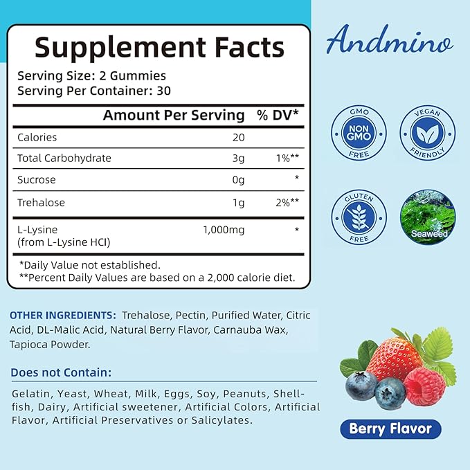 L-Lysine Gummies 1000 mg, with Trehalose, L Lysine Gummies for Lips & Oral Wellness, Immune Support & Collagen & Calcium, for Adults & Kids, Non-GMO, Vegan, Gluten Free, Berry Flavor, 60