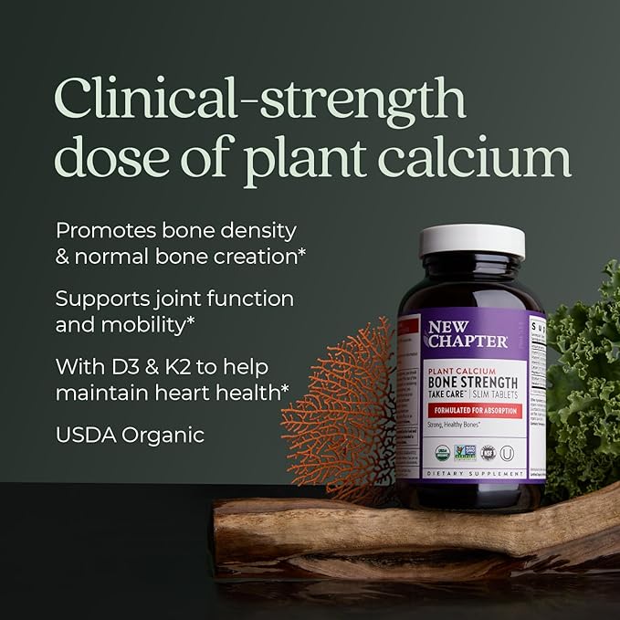 New Chapter Calcium Supplement - Bone Strength Organic Calcium with Magnesium, Vitamin D3+K2, 70+ Trace Minerals for Bone Health, Gluten Free, Easy to Swallow Slim Calcium Tablets - 60 Count