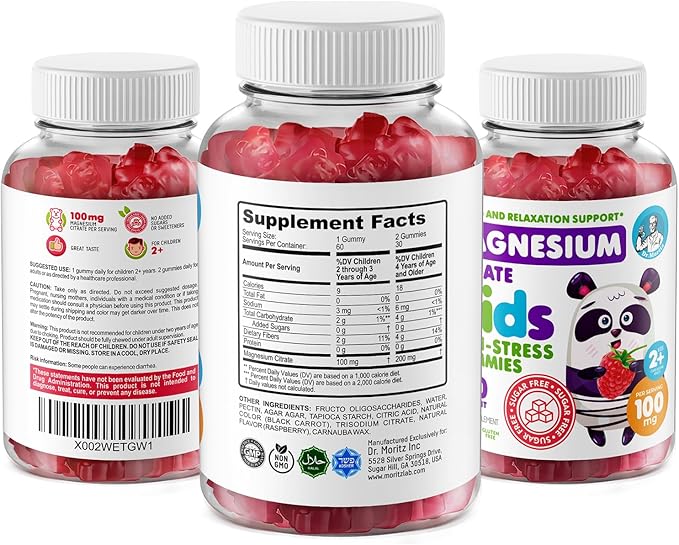 DR. MORITZ Sugar-Free Calm Magnesium Gummies for Kids and Adults - Non-GMO Magnesium Citrate Gummies - Raspberry Flavor - 2-Pack (60 Count)