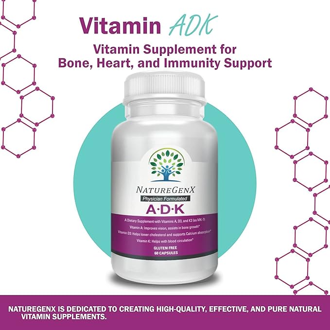ADK Vitamin Supplement 5000 IU - High Potency Vitamins A, D3, and K2 for Bone Health and Calcium Absorption | Gluten-Free Vitamin ADK Supplement, 60 Day Supply, 60 Capsules