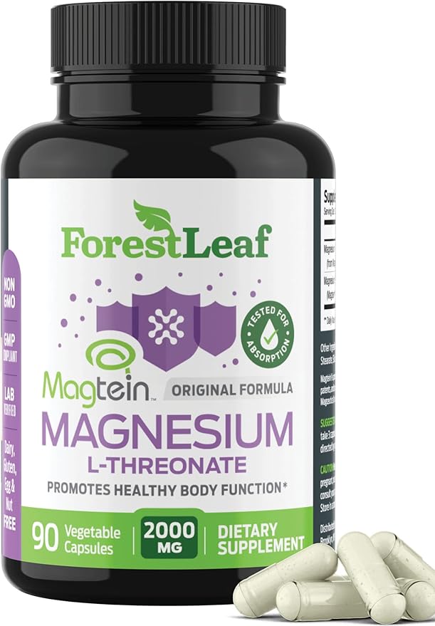 Forest Leaf Magnesium L-Threonate Magtein Capsules - 2000mg Magnesium Threonate Supplement Supports Cognitive Function, Focus, Brain, Deep Calm and Sleep for Men & Women | 90 Powder Veg Caps