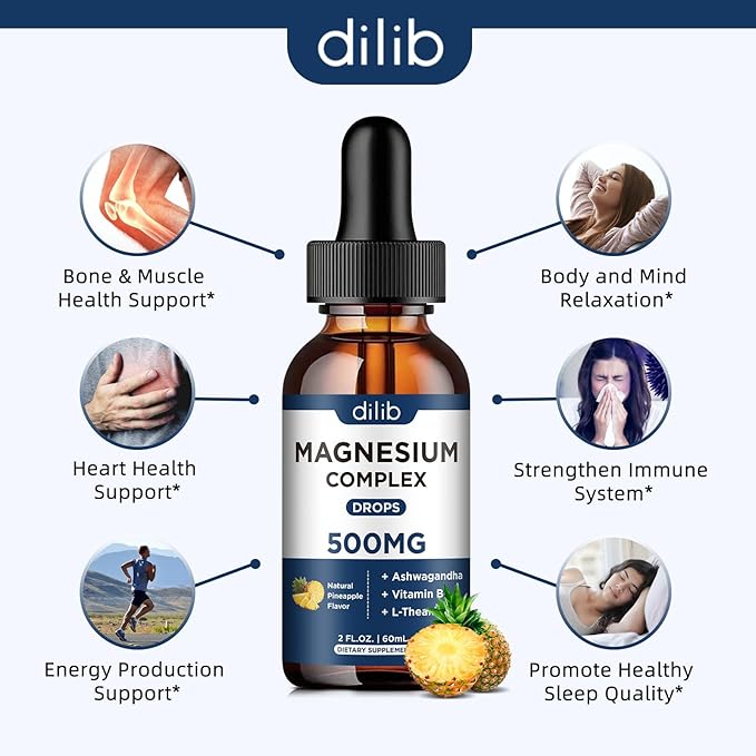 Triple Magnesium Complex Supplement-Magnesium Glycinate, Citrate, Malate Liquid Drops 500mg with Ashwagandha, L-Theanine, Vitamin B6 for Calm, Stress Relief, Sleep, Muscle Support-Pineapple Flavor