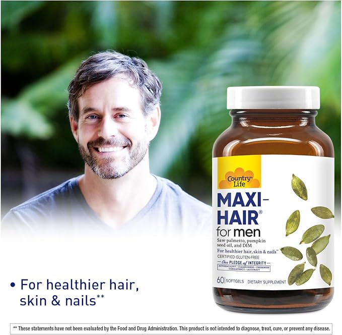 Country Life Maxi-Hair for Men - 2000mcg Biotin, Saw Palmetto, Pumpkin Seed Oil, DIM, Potassium, Magnesium, Calcium & Zinc Blend - Supports Healthier Hair, Scalp, Skin & Nails, 60 Vegan Capsules