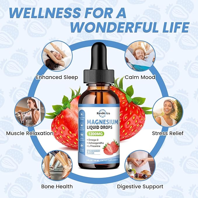 Triple Magnesium Complex Liquid Drops, 1300mg Magnesium Glycinate, Taurate & Citrate with Omega3, L-Theanine, Ashwagandha, Potassium, D3, B6, B12 for Calm, Sleep, Muscle, Strawberry Flavor, 2 Fl OZ