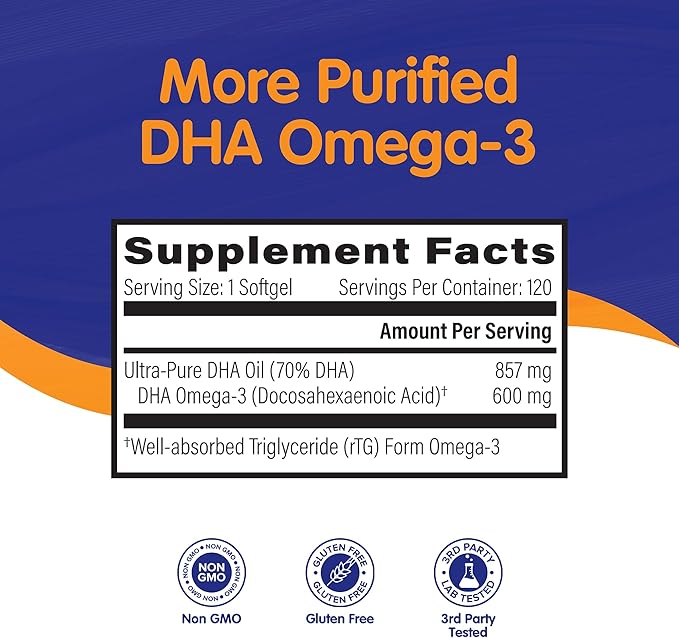 OmegaVia DHA 600 mg, Ultra Pure Omega-3 DHA Supplements for Brain and Eyes, DHA Prenatal Vitamins for Women, Burpless Fish Oil Omega 3, IFOS Tested, 120 Softgels