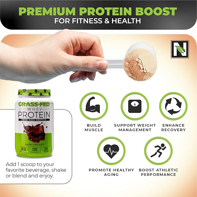 Nutrology Grass Fed Whey Protein Powder, Creamy Chocolate Flavor, Supports Lean Muscle Recovery & Performance, Cold Processed Grass Fed Whey and Amino Acid Powder, Shake, Blend or Bake, 28 Servings