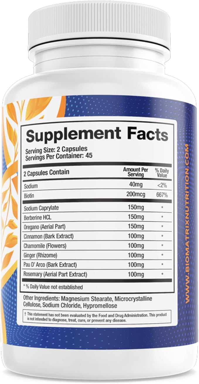 BioMatrix Candid-X Gut Cleanse with Berberine, Oregano, Sodium Caprylate, Chamomile, Ginger, PAU D'arco, Digestive Supplement for Men and Women | 90 Capsules