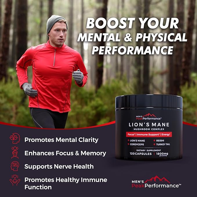 MEN'S PeakPerformance Lion's Mane Mushroom Supplement Capsules with Reishi, Cordyceps, Turkey Tail – Brain Nootropic for Memory, Focus, Natural Energy, & Immune Support Supplement (120 Capsules)