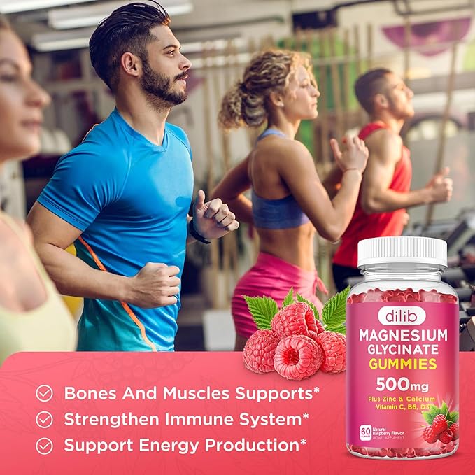 Magnesium Glycinate Gummies 500mg Magnesium Supplement with Calcium, Zinc, Vitamin C, B6, D3-Calm Chewable Gummies for Kids & Adults-Sleep, Mood & Muscle Support-Raspberry Flavor, 60 Gummies