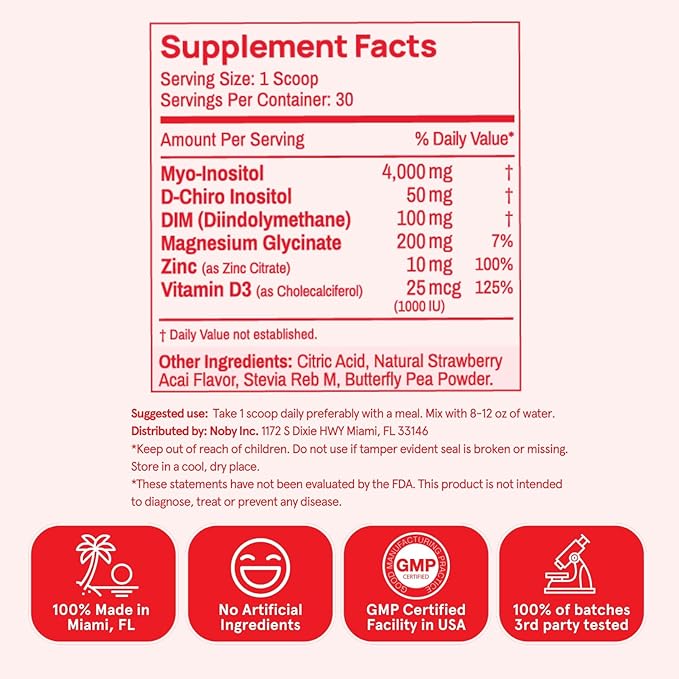Inositol Powder Multivitamin, Strawberry Acai Flavor – 4g Myo-Inositol & D-Chiro Inositol, DIM, Zinc, Magnesium Glycinate, Vitamin D3 – Supports Women’s Health, Cycle, Energy, 30 SVG