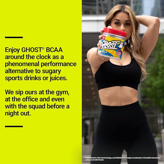 GHOST BCAA Powder Amino Acids Supplement, Sour Patch Kids Blue Raspberry - 30 Servings - Sugar-Free Intra, Post & Pre Workout Amino Powder & Recovery Drink, 7G BCAA