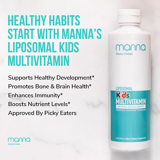 Manna Vitamins Evolved Liposomal Kids Multivitamin - Vitamin D3 & Vitamin A Supplement - Vitamin B12 & Vitamin C Supplement - Kids Liquid Multivitamin - Immune Support Supplement for Children