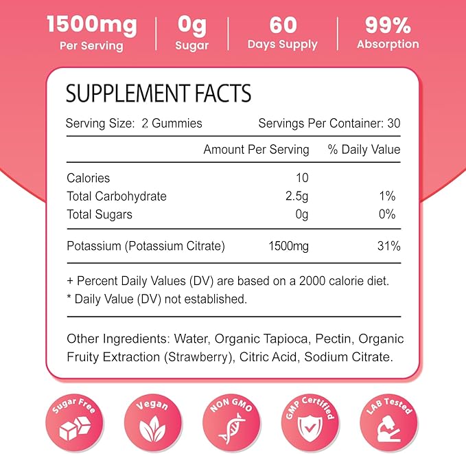 2 Pack Potassium Gummies for Adults Women & Men, Potassium Citrate Supplement, Support Leg Cramps, Muscle Health & Electrolyte Balance, Sugar Free, Organic, Vegan, Strawberry, 120 Cts