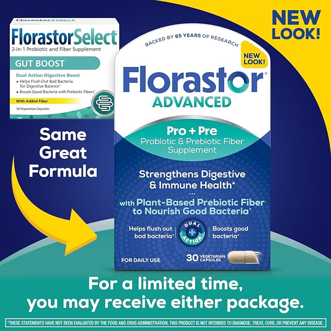 Florastor Select Pro+Pre Daily Probiotic and Prebiotic Supplement for Women and Men, Boosts Good Bacteria, Saccharomyces Boulardii CNCM I-745 (30 Capsules) (Pack of 1)