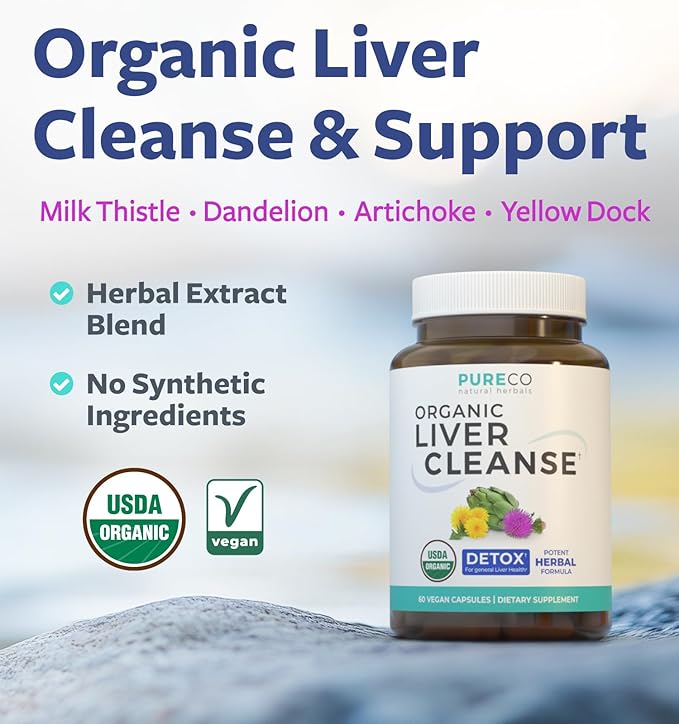 Organic Liver Cleanse Detox & Repair (Vegan, Non-GMO) Milk Thistle Extract (80% Silymarin), Dandelion Root, Artichoke Leaf, Yellow Dock - Liver Health Support Supplement - 60 Capsules (No Pills)