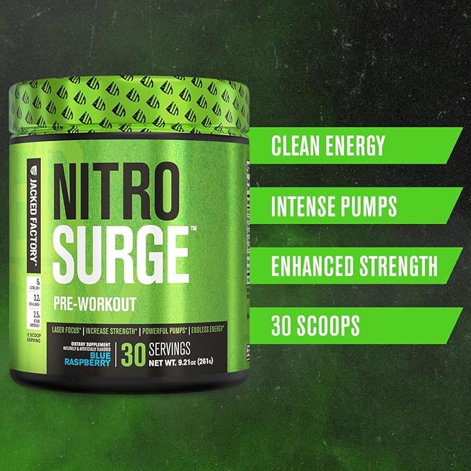 Jacked Factory NITROSURGE Pre Workout Supplement - Endless Energy, Instant Strength Gains, Clear Focus and Intense Pumps - NO Booster & Powerful Preworkout Energy Powder - 30 Servings, Black Cherry