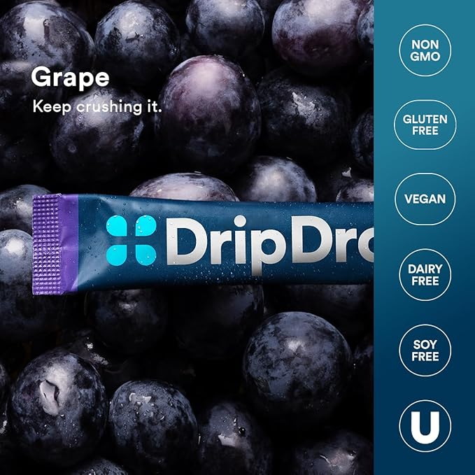 DripDrop Hydration - Grape - Electrolyte Drink Mix Single Serve Hydration Powder Packets | Non-GMO, Gluten Free, Vegan | 32 Sticks