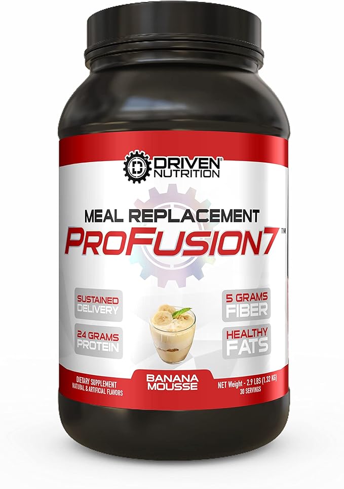 Driven Pro Fusion 7 Meal Replacement Powder - Men & Women, 3 lbs - 24g Protein Per Serving, Digestive Enzymes & MCT Oil - Gluten-Free - On-The-Go Energy & Supports Muscle Mass - Banana Milkshake