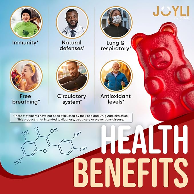 JOYLI Quercetin Gummies - Quercetin with Bromelain Zinc Vitamin C & Vitamin D3 - Quercetin Supplement 500MG for Immune System & Allergy - Quercetin for Kids and Adults - 60 Quercetin Chewable