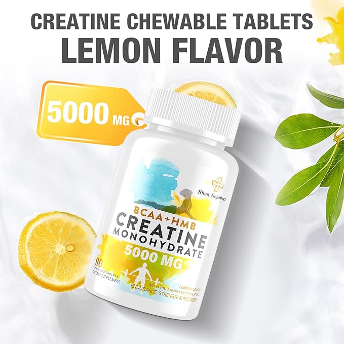 8-in-1 Creatine Monohydrate with BCAA & HMB, 5000 mg for Men & Women, Creatine Chews for Muscle, Recovery, Endurance & Strength, High Absorption, Lemon Flavor, Sugar-Free, 180 Tablets