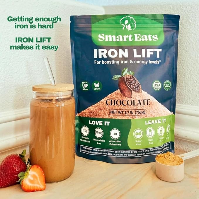 Smart Eats - High Iron Drink & Smoothie Powder with Protein, Vitamins, Fiber, Antioxidants | Support Energy, Hair, Brain, Blood | Gentle, Non-Constipating | Vegan, Keto | Chocolate Flavor | 30 Scoops