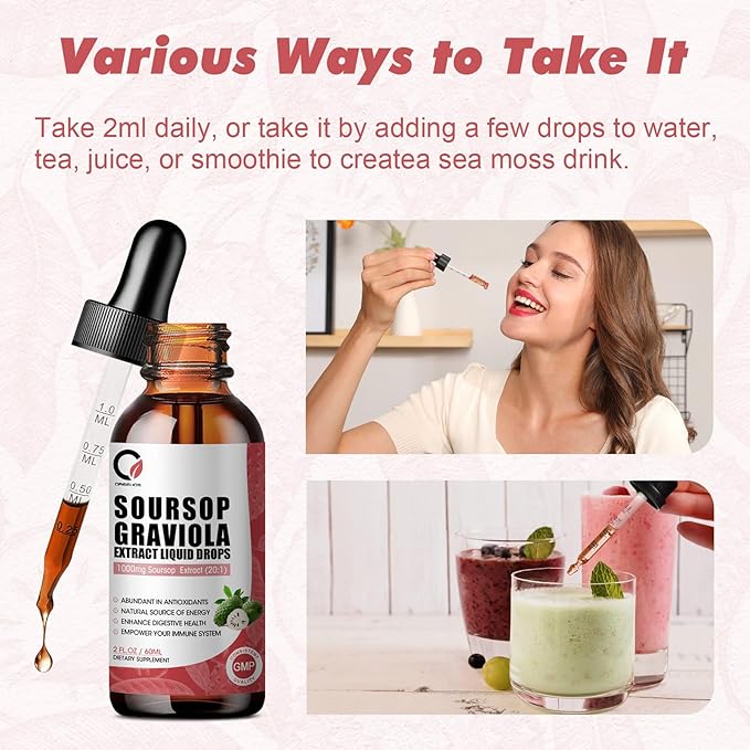Soursop Graviola Liquid Drops - 1000 mg Soursop Extract Plus 300 mg Sea Moss, Soursop Bitters Liquid for Cell Regeneration, Immune Boost, Relax, Antioxidant, Energy - 2 Fl Oz