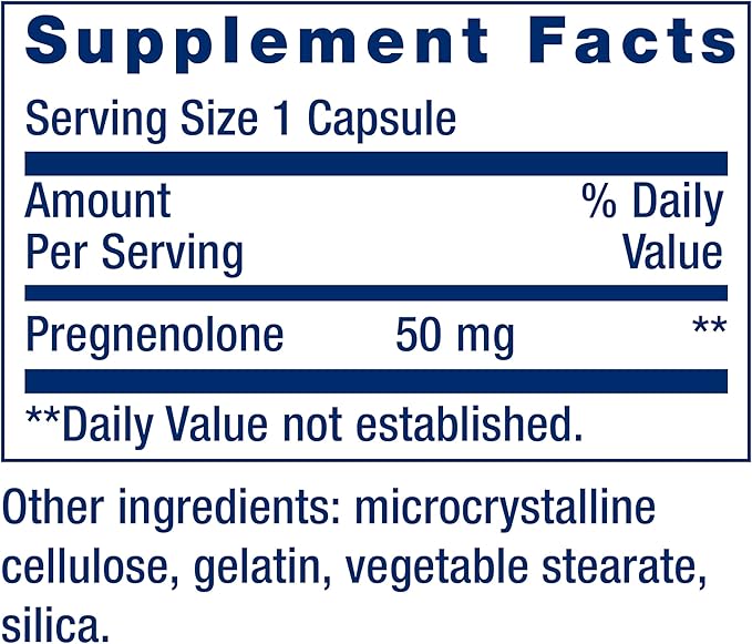 Life Extension Pregnenolone, neurohormone, Promotes Memory Health and Brain Plasticity, Gluten-Free, Non-GMO, 100 Capsules