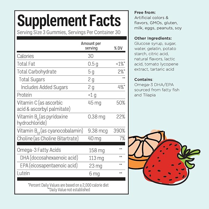 Brainiac Daily BrainPack Gummies, Supports Brain Health with Omega 3 DHA EPA DPA, Choline, B6 & B12 and Lutein for Eye Health with Immune Support, Citrus Berry Flavor, 90 ct