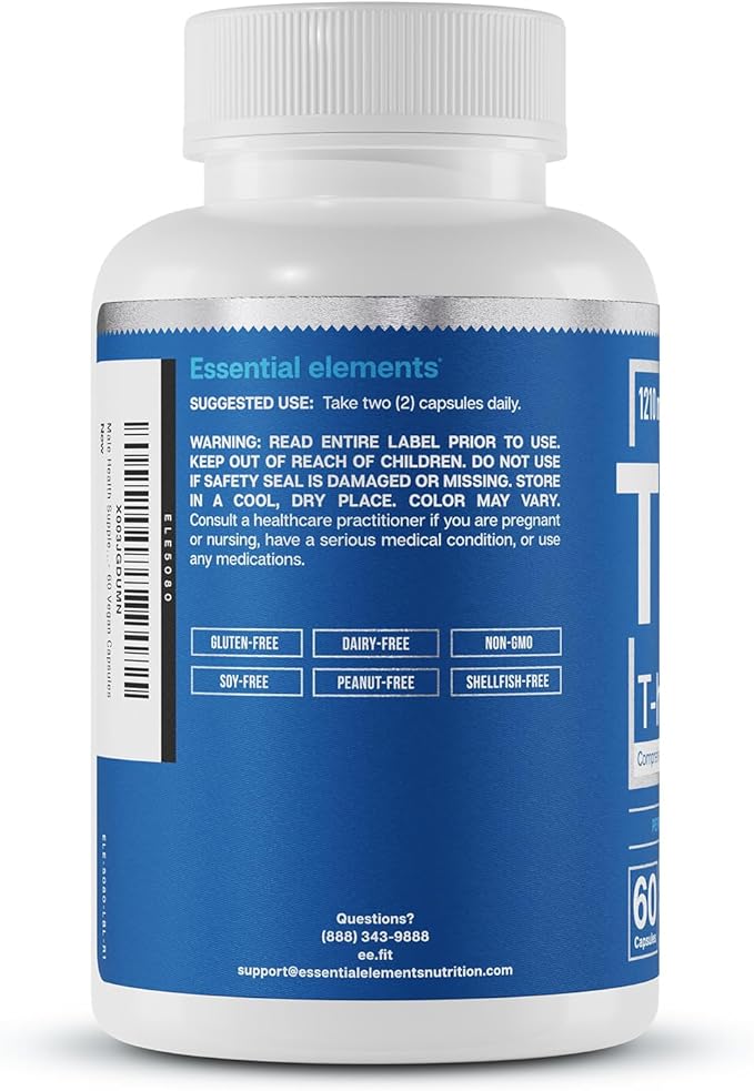 Essential Elements Male Health Supplement - Muscle Support & T-Health with DIM, Ashwagandha, Shilajit, More | T-Hero 60 Vegan Capsules