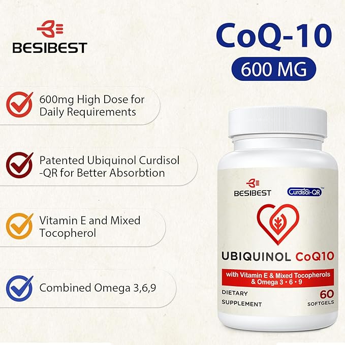 Ubiquinol CoQ10-600mg-Softgel, Active Coq10 Ubiquinol Supplement with Vitamin E & Omega 3, 6, 9, High Absorption-Coenzyme-Q10, Powerful Antioxidant for Energy Production, Tested, 60 Count