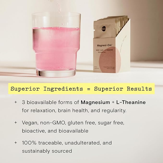 Moon Juice - Magnesi-Om, Berry - Sticks (18 Servings) - Support Brain Health & Rest - Magnesium Powder - L-Theanine - Regularity - Compostable - 100% Traceable - Vegan & Non GMO - 0.14oz