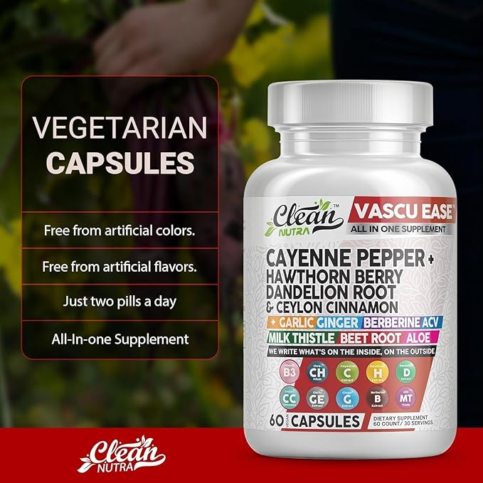 Clean Nutra Cayenne Pepper Capsules Supplement with Hawthorn Berry, Dandelion Root, Ceylon Cinnamon, Garlic, Ginger, Berberine, Apple Cider Vinegar, Milk Thistle, Beet Root, Aloe Vera Pills & More