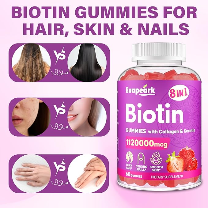 Biotin Gummies for Women and Men, 8 in 1 Organic Formula, Max Strength Biotin and Collagen Gummies with Keratin, Folic Acid & Vitamins, for Hair Growth, Skin and Nails Supplement, Sugar Free,120 Count