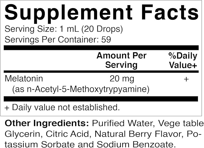 Vitamatic Melatonin 20mg Liquid Drops – 2 Fluid Ounce (59ml) – Natural Berry Flavor – for Adults – Non-GMO – Vegetarian Supplement