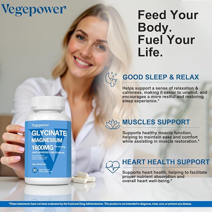 Magnesium Glycinate 1600mg Supplements - with Vitamin B6 & Zinc, Vitamin D3, Chelated Magnesium for Sleep, Muscle, Bone and Immune Health, High Absorption Magnesio, Non-GMO, Vegan 90 Capsules