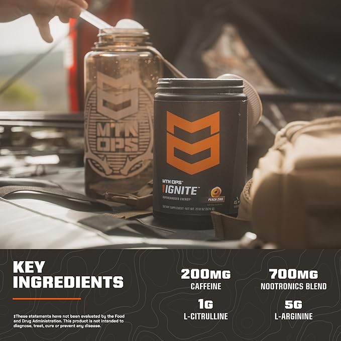 MTN OPS Ignite Energy Drink Powder, Gluten Free Nitric Oxide Supplement Drink Mix, L Arginine, L Citrulline, Caffeine & Nootropic Sugar Free Drink Mix, 45 Servings, Bugle Berry